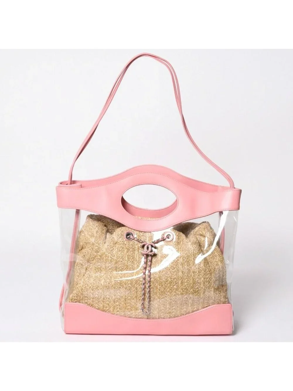Chanel 31 Large Shopping Bag CC Logo Straw Leather Vinyl Pink